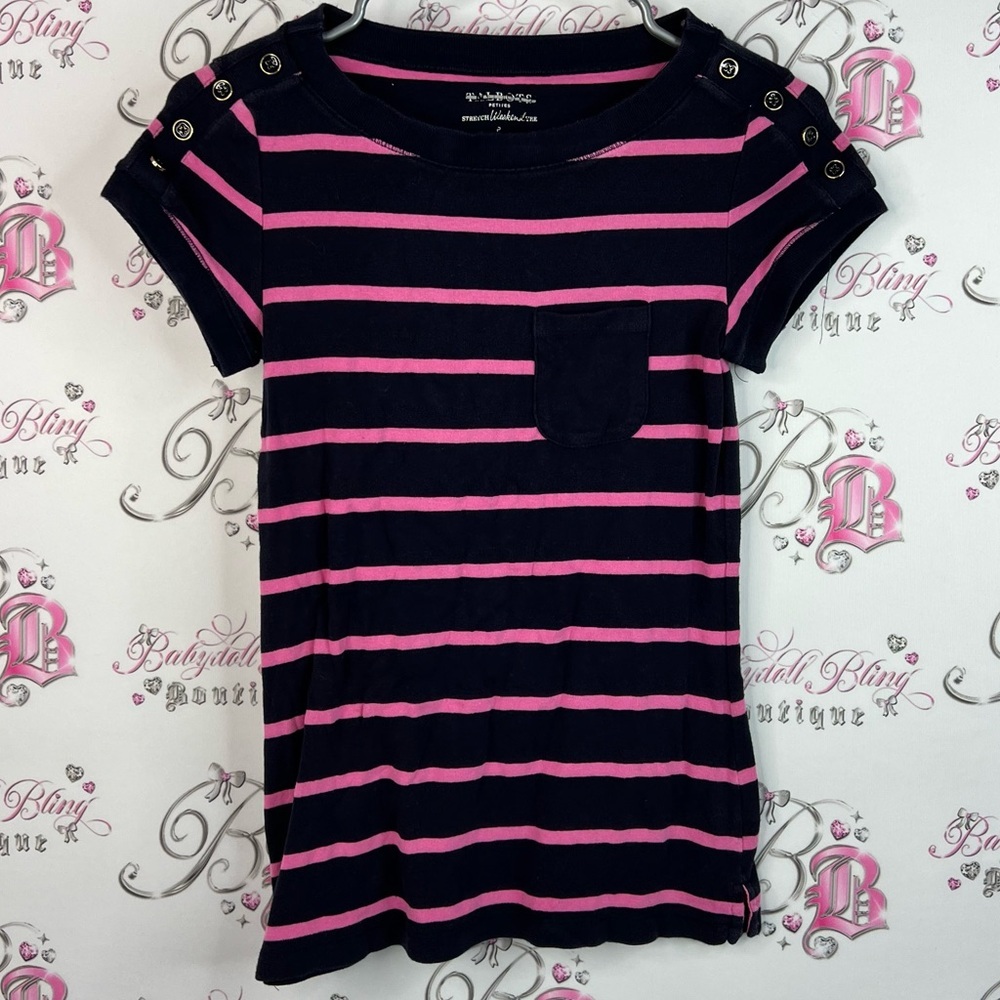 Talbots tshirt buttons striped shirt Navy and Pink Striped Top weekend tee
